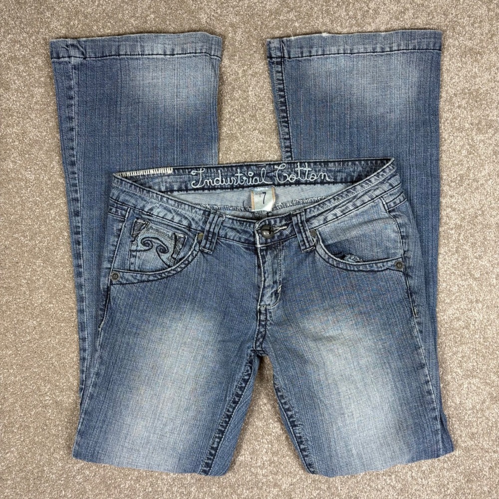 Industrial Cotton Low Rise Flare Jeans Embroidered Y2K Medium Wash Size 7